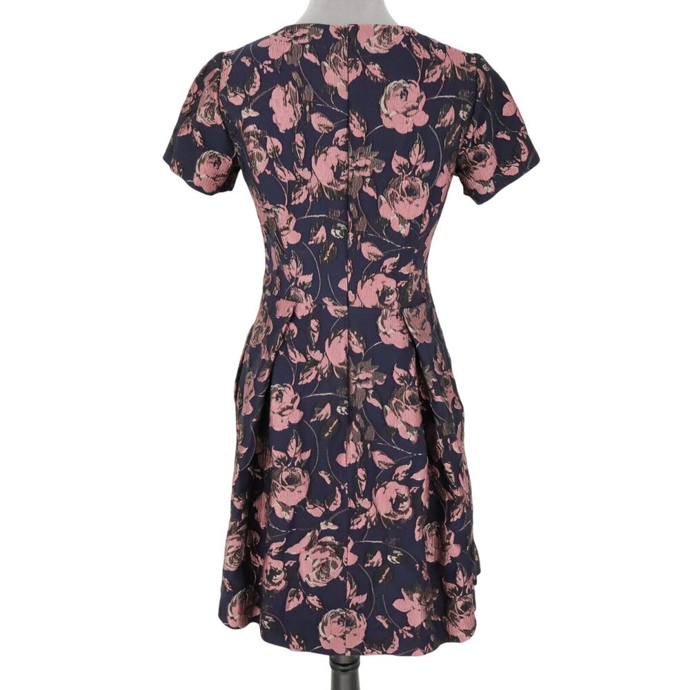 Vince Camuto Dress Womens 6 Navy Blue Pink Floral Brocade Pleated Lined Pockets - Picture 2 of 16